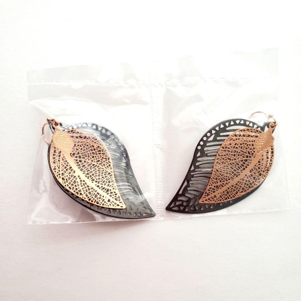 Avon Double Leaf Earrings Hematite & Rose Goldtone